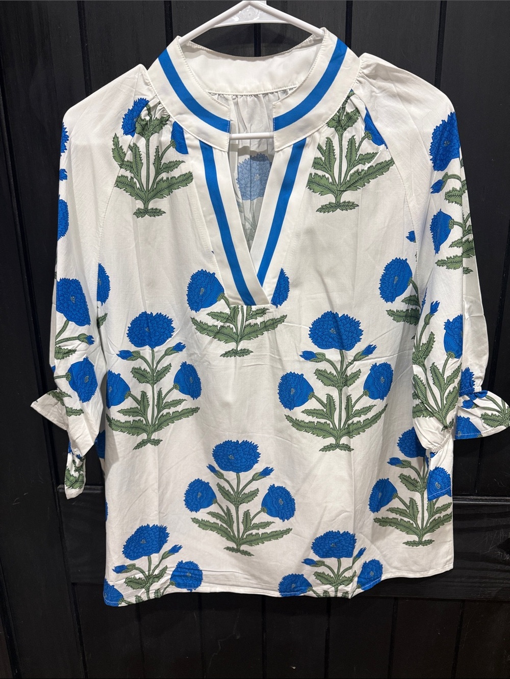 White Floral V-Neck Tunic with Blue Botanical Print